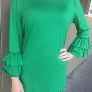 Green shirt ruffled sleeves